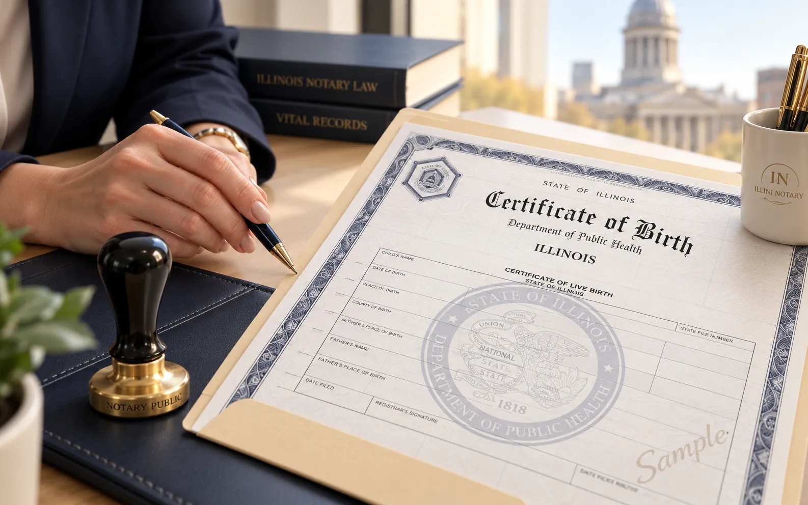 An Illinois birth certificate prepared for apostille authentication with a notary seal nearby