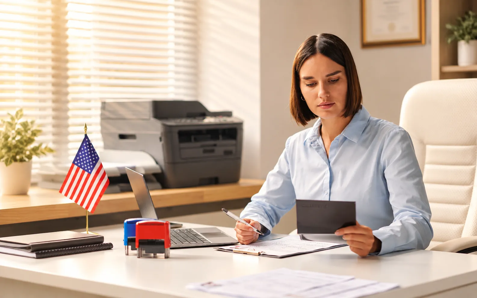 A notary reviewing documents at a desk with an American flag and official stamps nearby