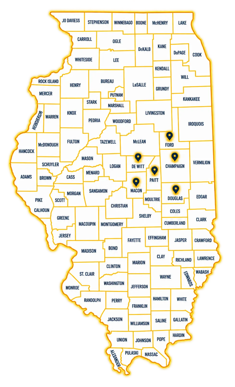 Map of Illinois highlighting Champaign and surrounding counties served by Illini Notary