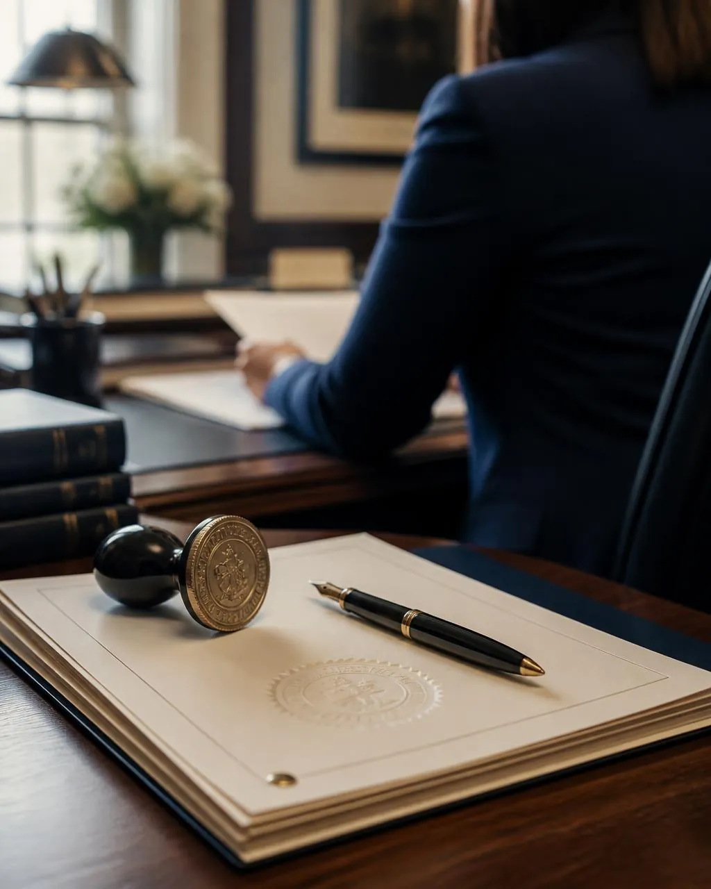 Notary desk with an embossed seal, fountain pen and official documents