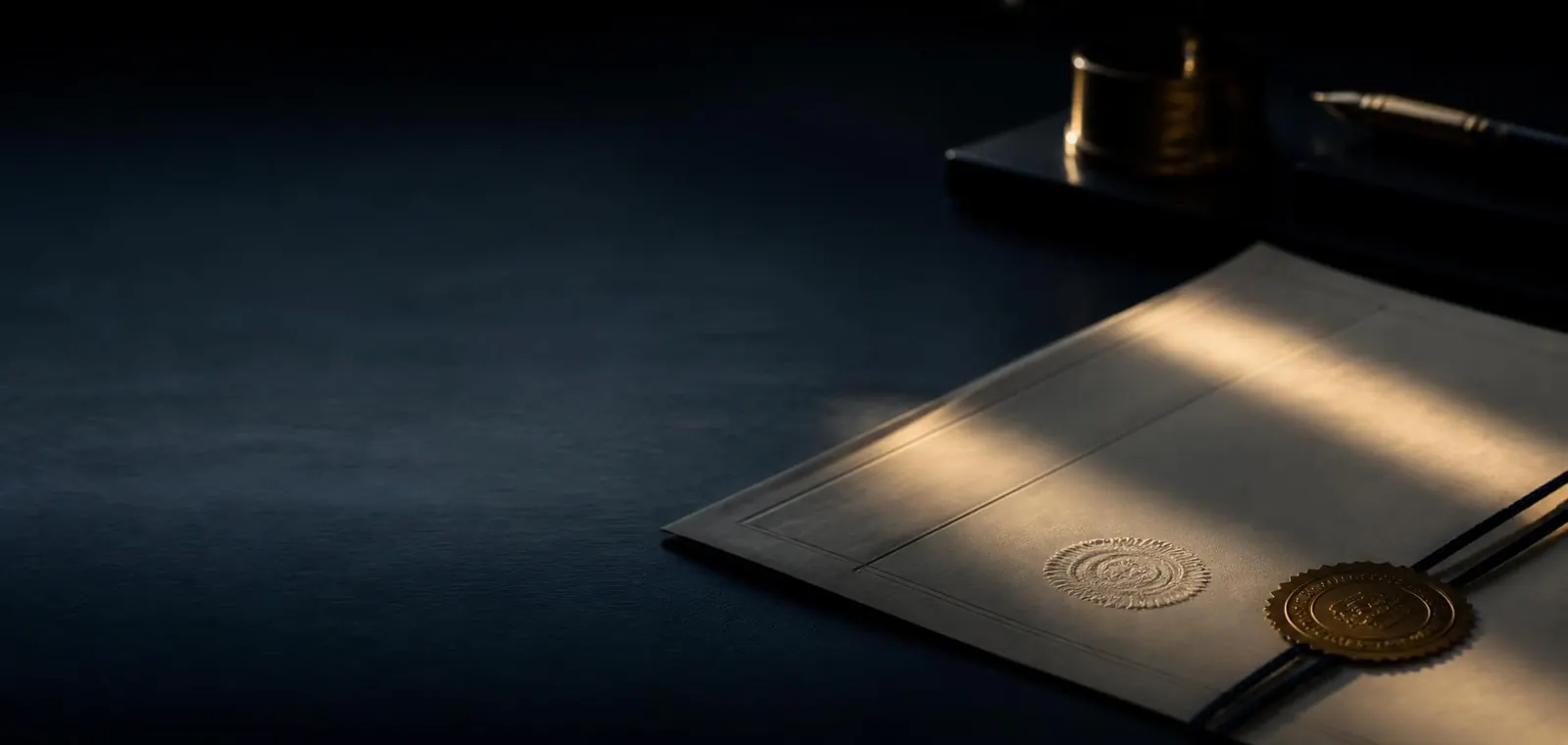 Authenticated document illuminated on a dark desk