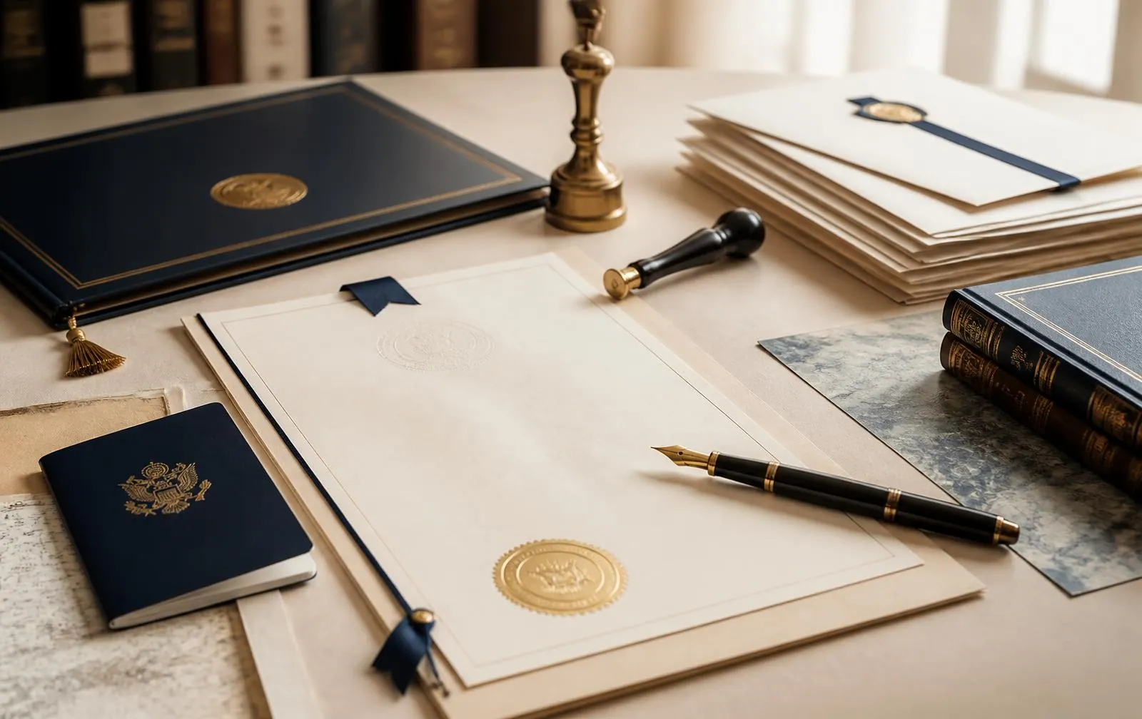 Official documents and seals arranged for reference